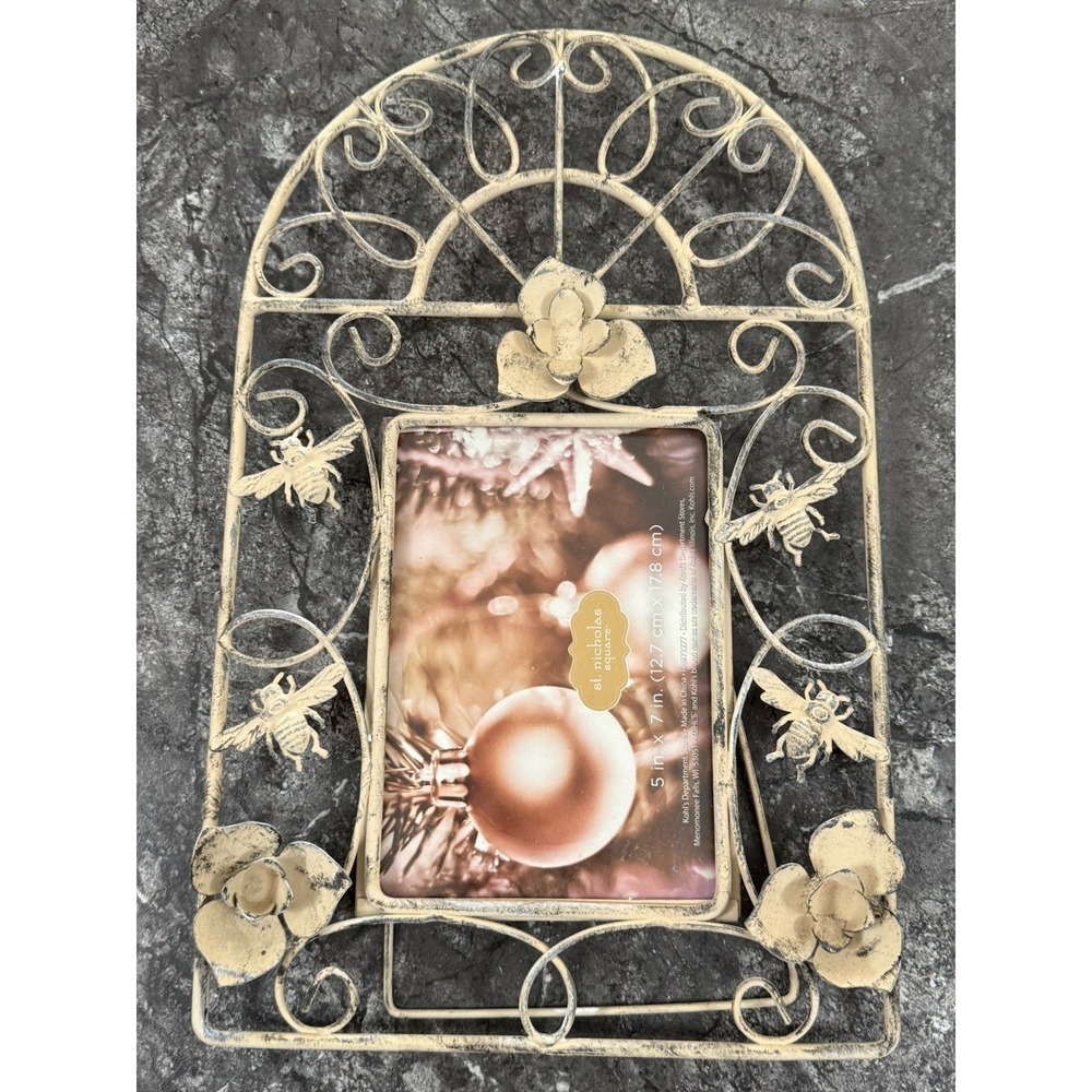 St Nicholas Square Metal Distressed Open Scrollwork Floral Bees Frame 5X7